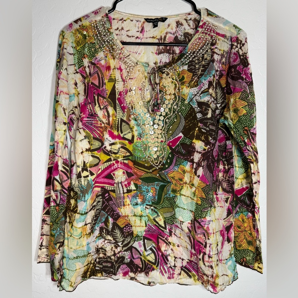 Chaudry KC‎ Boho Beaded Sequin Blouse L India 100% Cotton Floral Tie Neck Top